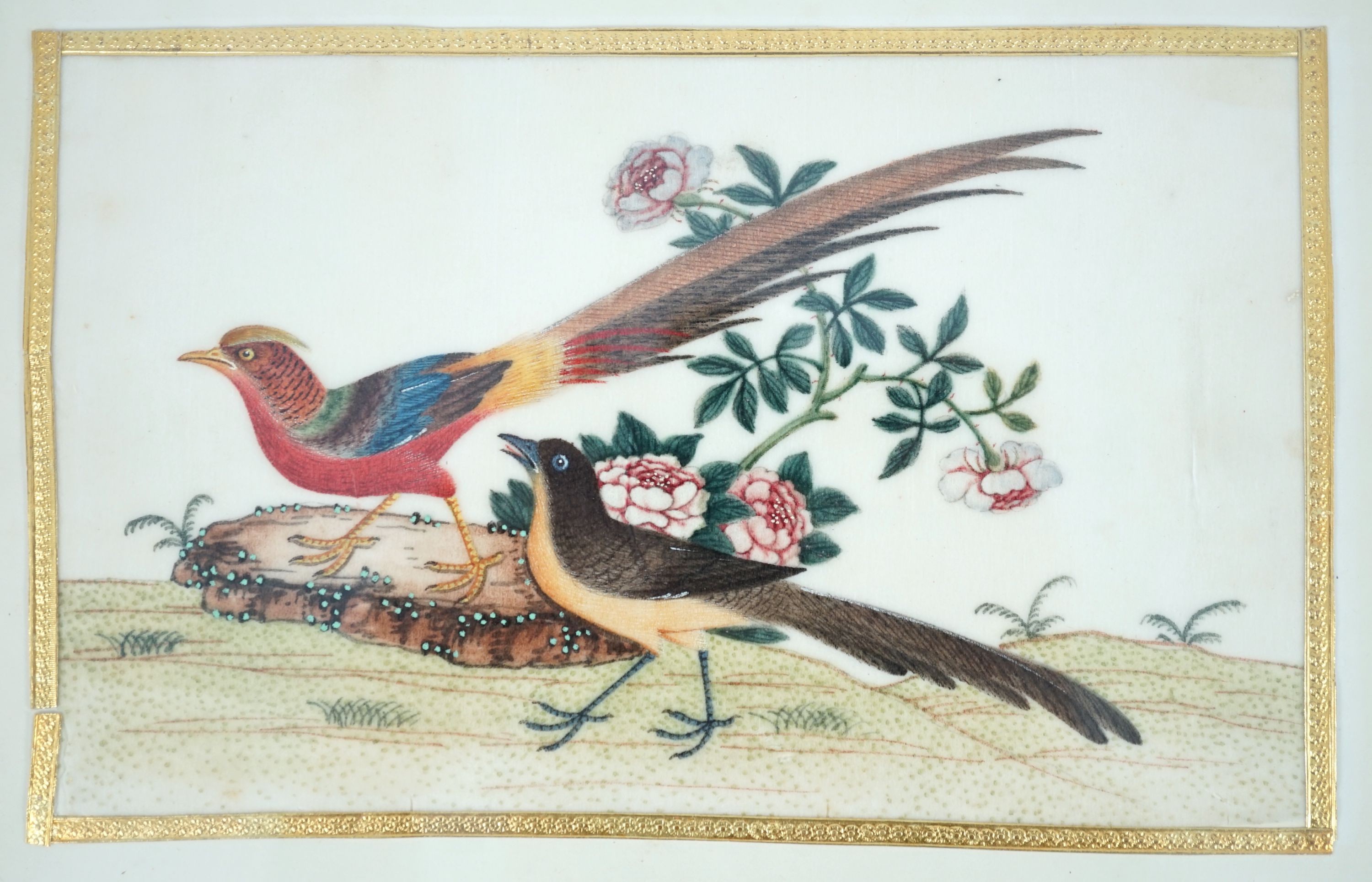 A set of 16 Chinese pith paintings of birds and flowers, mid 19th century, Largest Image 12cm x 18cm